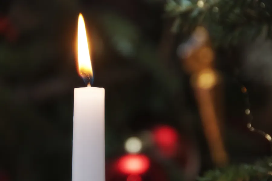 Tent stearinlys med juletre i bakgrunnen