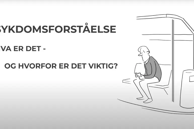 Animasjon av mann som venter på bussen, med tekst: Sykdomsforståelse, hva er det og hvorfor er det viktiig?
